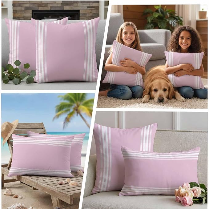 Outdoor Pillow Covers 20x20 Set of 2 Pink Stripes Outdoor Pillows Waterproof Throw Pillow Covers French Stripe Farmhouse Style Pillowcases Decorative Case for Patio Cushion