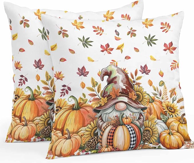 Fall Gnomes Outdoor Waterproof Pillow Covers, Thanksgiving Pumpkins Leaf Sunflowers Farm Decorative Square Throw Pillowcase Sofa Cushion Sham for Patio/Couch/Chair, 24"x24" 2 Pack