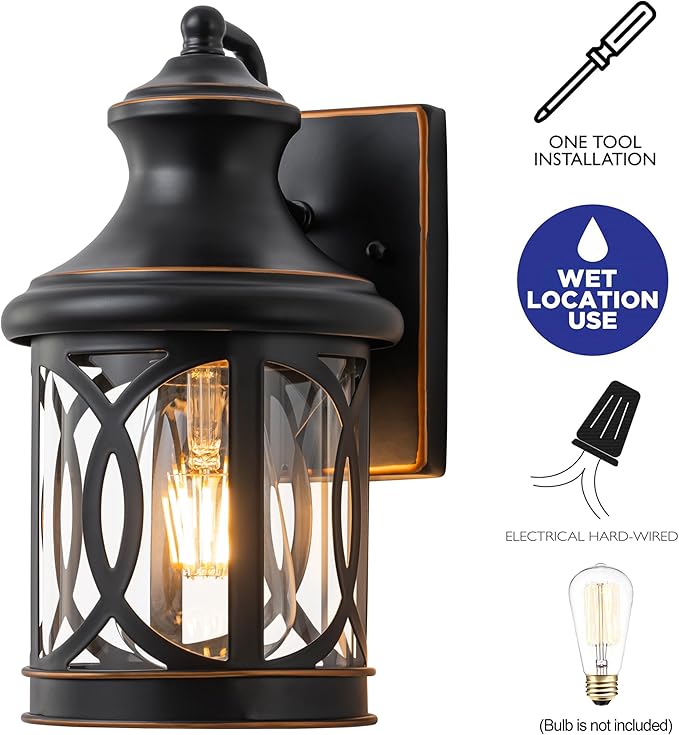 2-Pack Outdoor Wall Lights, Porch Lights, Waterproof Outdoor Wall Sconce, Exterior Light Fixture Oil-Rubbed Bronze Finish with Clear Glass Shade for Garage Patio Front Door Balcony