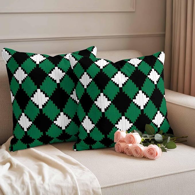 Vintage Rhombus Outdoor Waterproof Throw Pillow Covers Set of 2, 24"x24", Green Black White Decorative Pillow Covers Outside Cushion Case for Patio Porch Garden