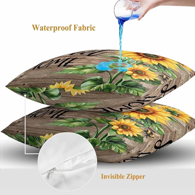 Throw Pillow Covers 18x18 Inch Set of 2, Sunflower Bee Waterproof Outdoor Pillow Covers, Farmhouse Country Wooden Plank Brown Decorative Cushion Pillowcases for Couch, Sofa, Bed, Garden, Patio