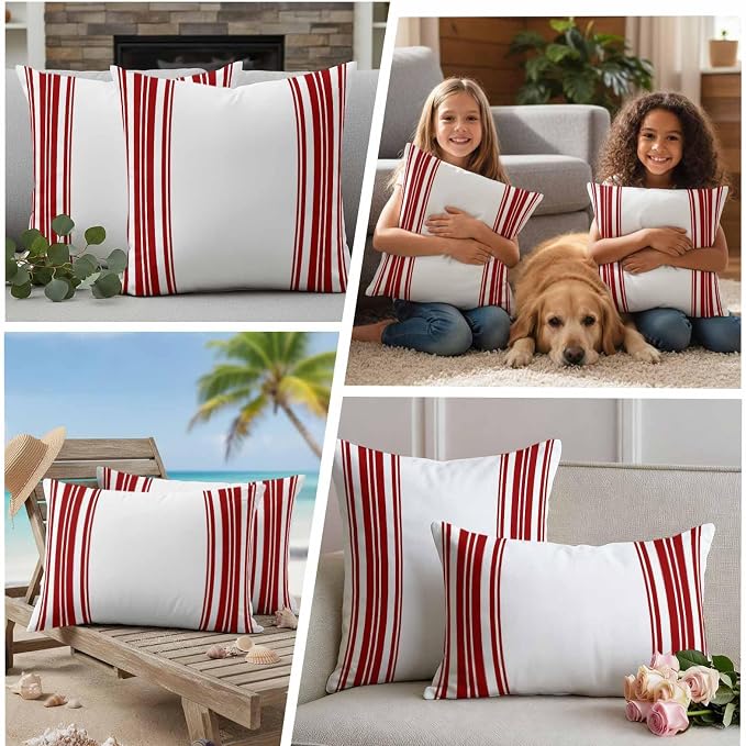 Outdoor Waterproof Throw Pillow Covers Set of 2 Red Stripes Pillowcases 16x16 Inches White Vertical Striped Decorative Pillows Cushion Case Patio Pillows for Couch Bed Chair Garden