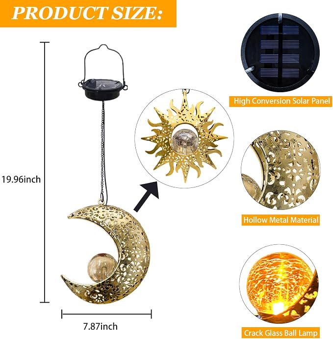 Solar Hanging Sun Moon Lights,Outdooor Lanterns Waterproof Garden Gifts | 2 Pack Metal,Crackle Glass,8-10 Runtime,Warm Glow,Easy Hang,Yard Patio Decor,Vintage Boho,Individual Wall Art,Gifts for Mom