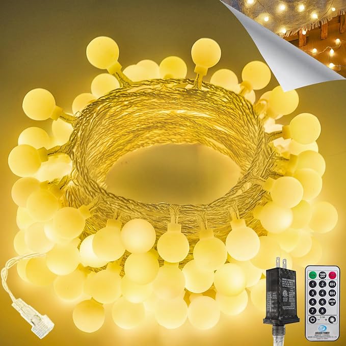 LORRYTE Connectable 43FT 100LED Globe String Lights Indoor, Classroom Light | Warm White String Lights Plug in, Remote, 8 Modes, IP44 Waterproof, Hanging Fairy Lights for Bedroom Outdoor Party Xmas Decor