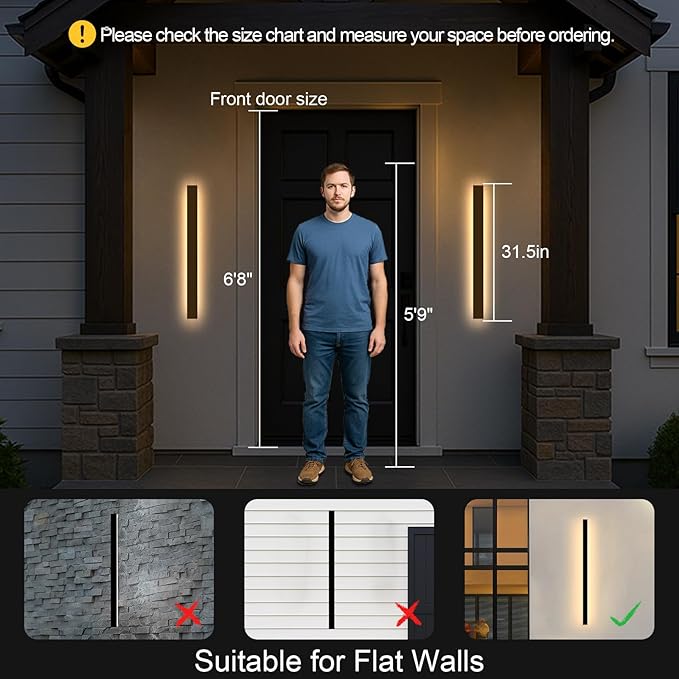 Porch Wall Lights - 2pack 31.5inch Long Strip Modern Outdoor Wall Light Fixture, Black Wall Mount Exterior Lighting Wall Sconce Outside Garage Lights for House, Courtyard, Corridor