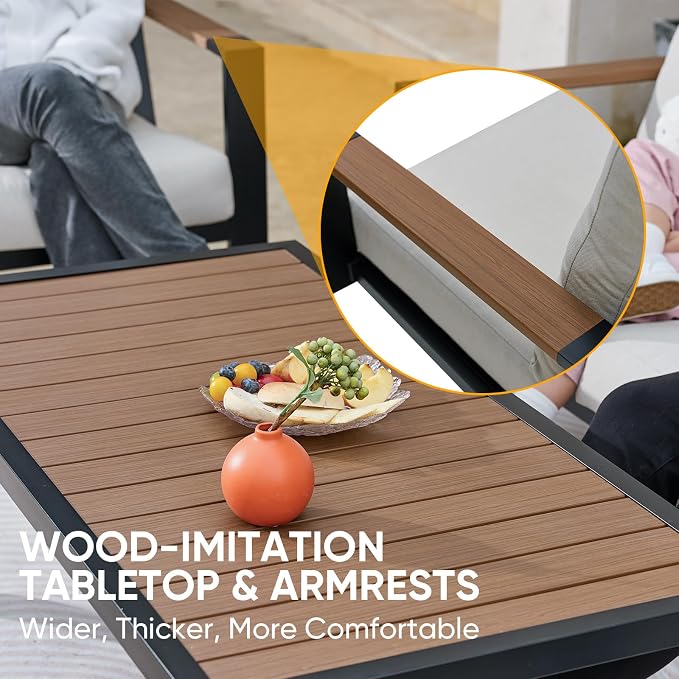 NATURAL EXPRESSIONS 4 Piece Patio Furniture Set, Outdoor Sectional Conversation Set with Handwoven Wicker Back & Fauxwood Tabletop, 3" Wide Arm with 6" Cushion, Metal Outdoor Couch for Porch, Yard