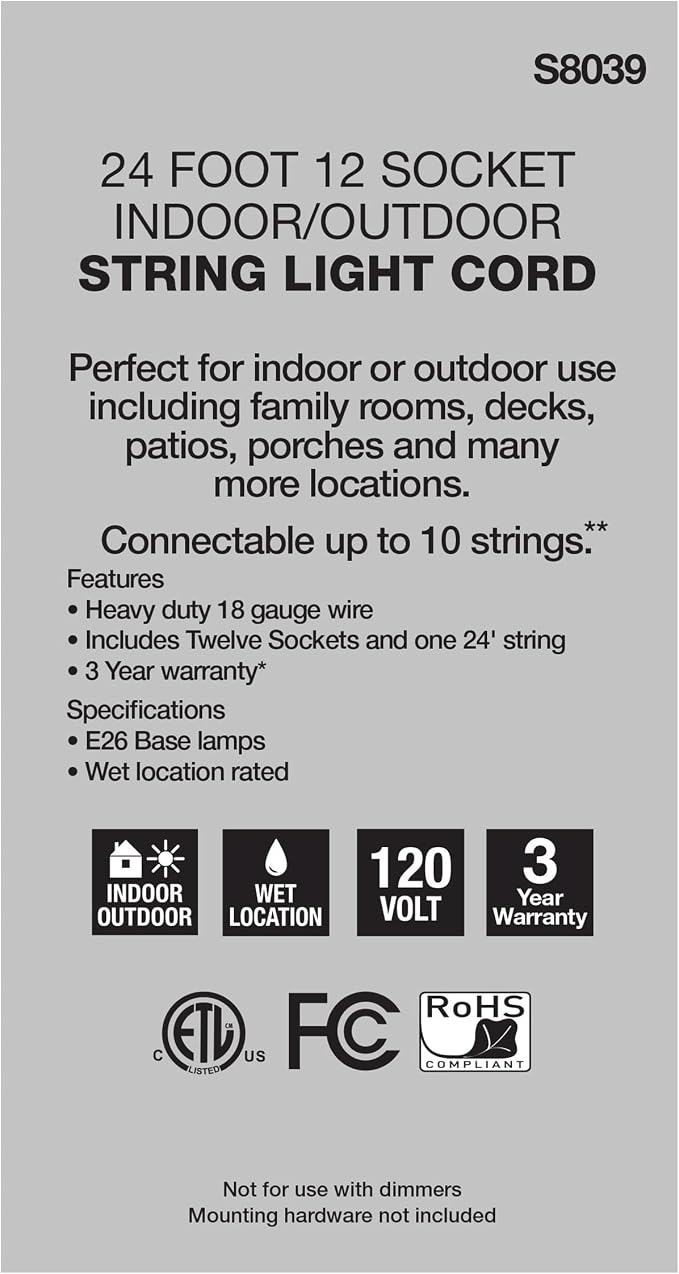 Satco S8039 Incandescent Indoor/Outdoor String Lights, Black, Bulbs Not Included, 24 Feet (Pack of 1)