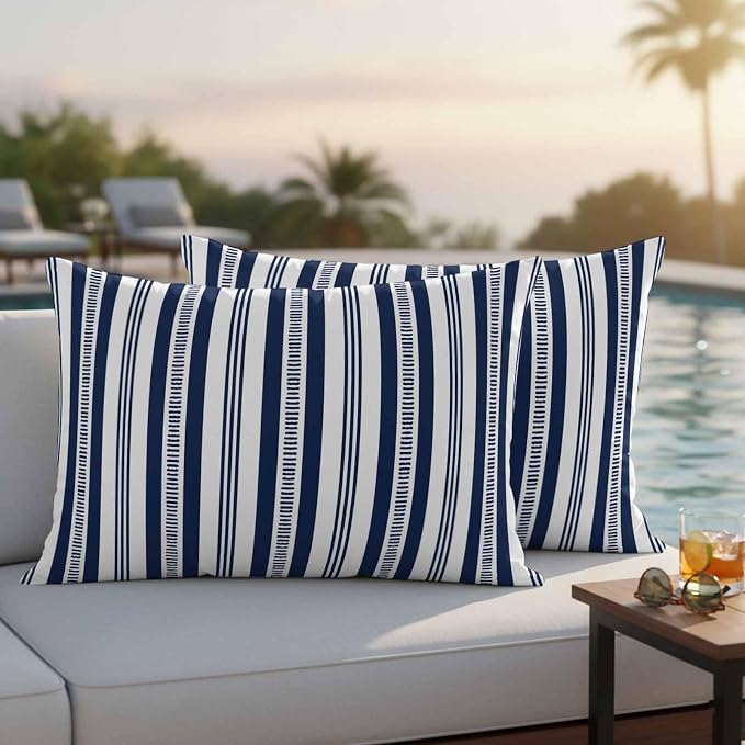 Navy Blue Striped Outdoor Waterproof Pillow Covers, Farmhouse Stripes Modern Geometric Decorative Rectangle Throw Pillowcase Sofa Cushion Sham for Patio/Couch/Chair, 20"x12" 2 Pack