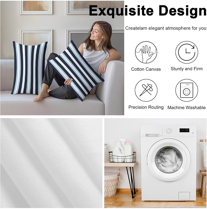 Blue Navy Striped Outdoor Pillow Covers Waterproof, All Weather Cushion Case Set of 2, Modern Ombre Abstract Lines Pattern Lumbar Pillowcase for Sofa Couch Bed Decor Patio Furniture 20"x12"