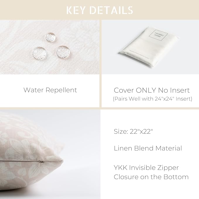 Coastal Linen Indoor Outdoor Throw Pillow Cover Only, 22"x22" Water Repellent for Patio, Backyard, Couch, Neutral Beige Floral
