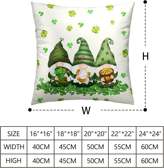 Green Clover Shamrock Decorative Throw Pillow Covers 16x16 Set of 2 St Patricks Day Cushion Case Lucky Gnomes Square Pillow Cases for Chair Sofa Bedroom Living Room Home Decor