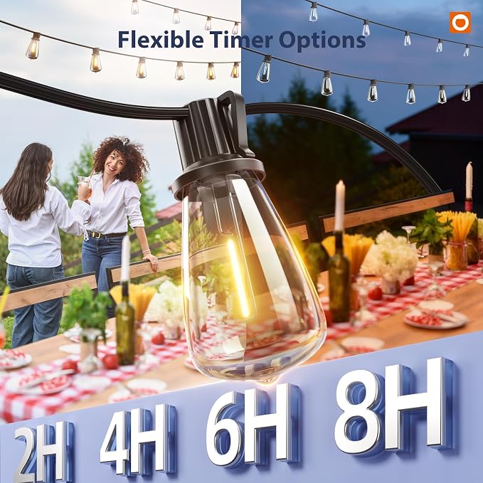 addlon 102FT(96+6) Solar String Lights Outdoor with Remote, 48 LED Dimmable | Waterproof Patio Hanging Lights (2FT Bulb Spacing), Long-Lasting Solar Light for Outside, Yard, Backyard, Garden, Camping