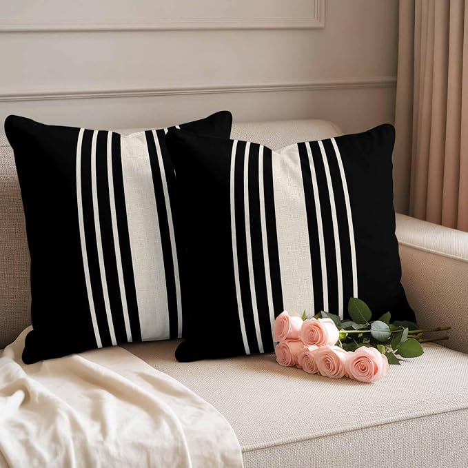 Throw Pillow Covers 16x16 Inch Set of 2, Black Beige Striped Waterproof Outdoor Cushion Covers, Modern Farmhouse Retro Lines Decorative Pillowcases for Couch, Sofa, Bed, Garden, Patio