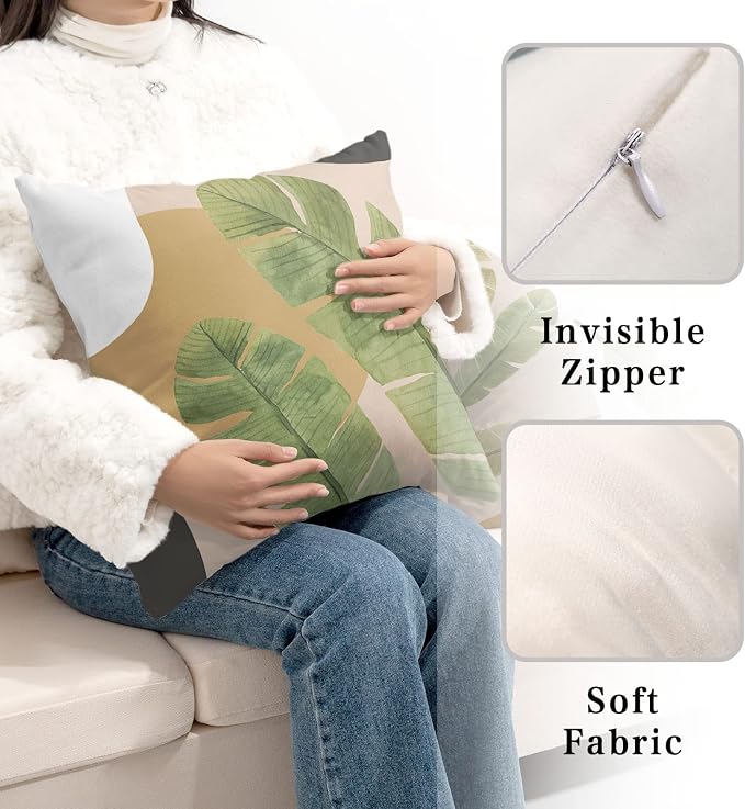 2 Pack Summer Tropical Plant Green Leaves Throw Pillow Covers Jungle Palm Tree Cushion Case Soft Decorative Pillow Covers Rustic Home Decor for Sofa Chair Bed 16x16 Inch