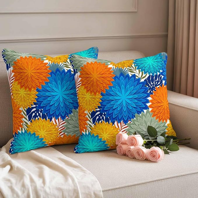 Blue Sage Green Flowers Outdoor Pillow Covers Waterproof, All Weather Cushion Case Set of 2, Boho Colorful Floral Plant Decorative Pillowcases for Sofa Couch Bed Decor Patio Furniture 18"x18"