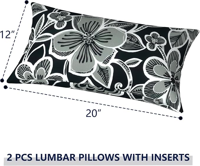 Outdoor Lumbar Pillows 12x20 inch, Rectangle Throw Pillows with Inserts, Decorative Lumbar Cushions for Patio Furniture Garden Couch Home Sofa Office Chair, Pack of 2,Flower Black