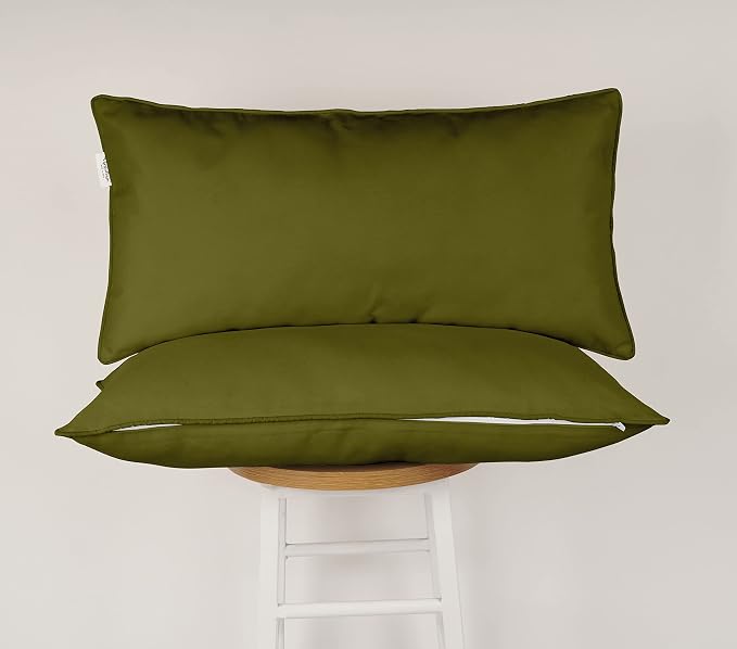 Indoor/Outdoor Polyester Fabric Lumbar Pillow Cover, All-Weather Waterproof Rectangular Cushion Case for Patio Furniture, 12 x 18 Set of 2 -Olive Green