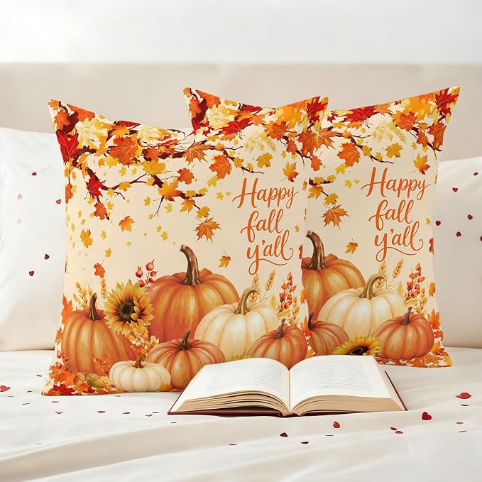 Orange Fall Waterproof Outdoor Pillow Covers 26''x26'' Set of 2, Maple Tree Branch Thanksgiving Pumpkin Patio Cushion Covers for Chairs,Decorative Countryside Leaves Pillow Cases for Garden/Pool/Beach