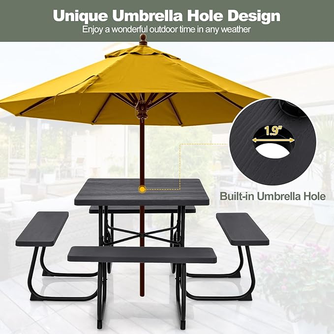 POWERSTONE Picnic Tables with Benches for 8, Outdoor HDPE Picnic Table with Umbrella Hole, Heavy Duty 35" Portable Dining Set Camping Table for Backyard, Patio, Park(Black)