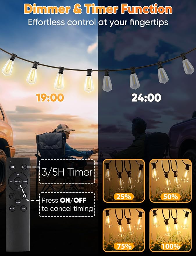 120FT LED Outdoor String Lights with Remote, Patio Lights Outdoor Waterproof with 36+2 Shatterproof ST38 LED Bulbs, Dimmable Outside Hanging Light for Porch, Garden, Backyard, Cafe, 2700K