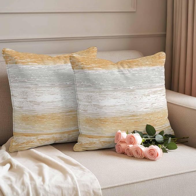 Outdoor Waterproof Throw Pillow Covers, Vintage Orange Grey Decorative Pillow Cases, Farmhouse Barn Wooden Striped Couch Pillow Protector Patio Sofa Cushion Covers Replacement 26"x26" 2 Pack