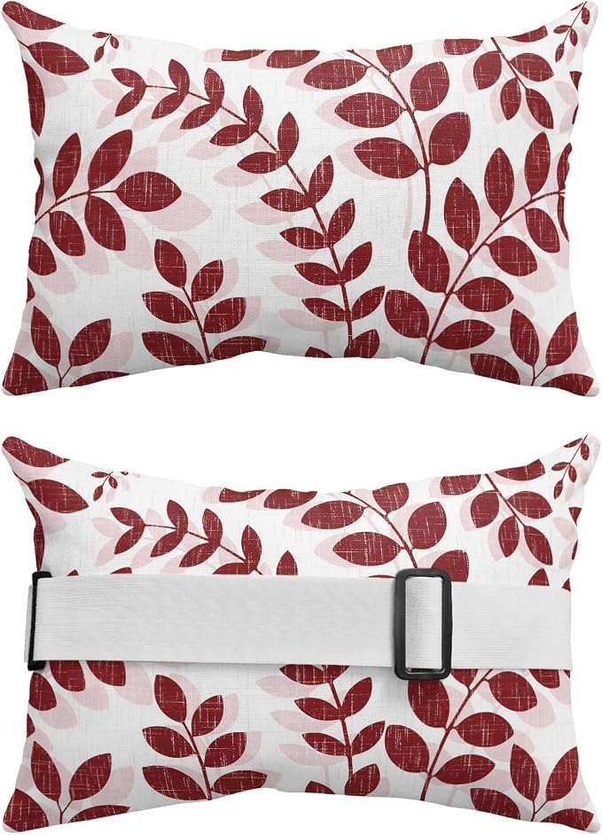 Chaise Lounge Headrest Pillow 1 Pack, Burgundy Leaves Waterproof Chair Pillows with Insert & Adjustable Elastic Strap for Beach Recliner, Summer Farmhouse Botanical Leaf Branch Outdoor Patio Pillow