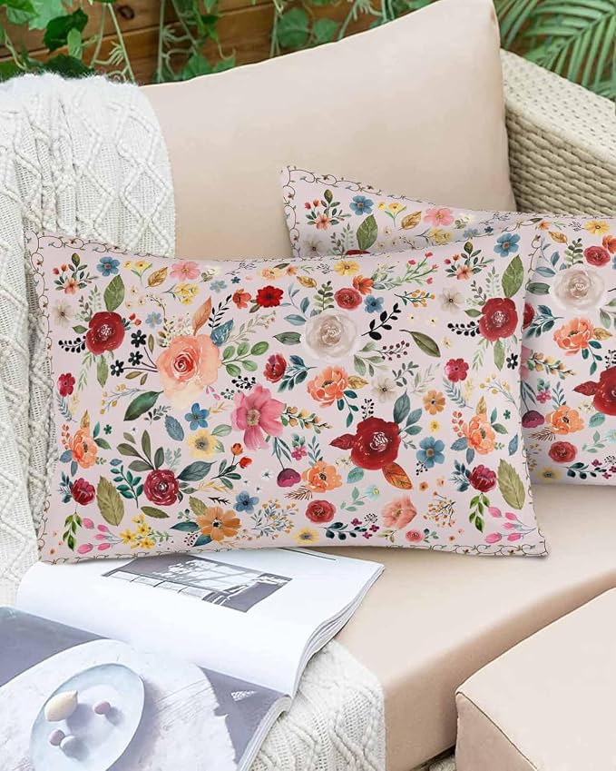 Vandarllin Outdoor Throw Pillows Covers 20x12 inch Set of 2 Waterproof Pink Floral Decorative Zippered Cushion Covers for Patio Furniture, Farmhouse Vintage Flower Lumbar Pillowcases