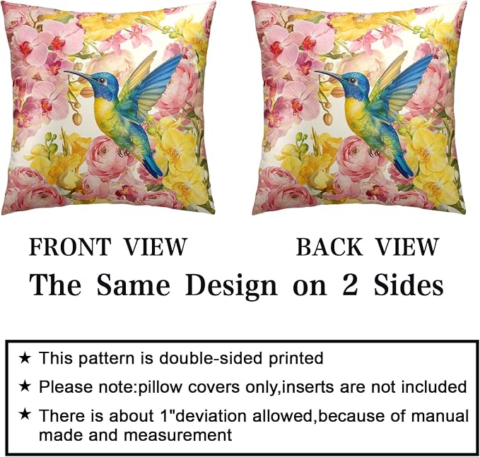 Spring Pillow Covers 18x18 Set of 2 Hummingbird Throw Pillow Covers Pink Yellow Moth Orchid Buttercup Floral Pillow Case for Home Decor Couch Sofa