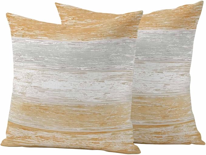 Outdoor Waterproof Throw Pillow Covers, Vintage Orange Grey Decorative Pillow Cases, Farmhouse Barn Wooden Striped Couch Pillow Protector Patio Sofa Cushion Covers Replacement 18"x18" 2 Pack