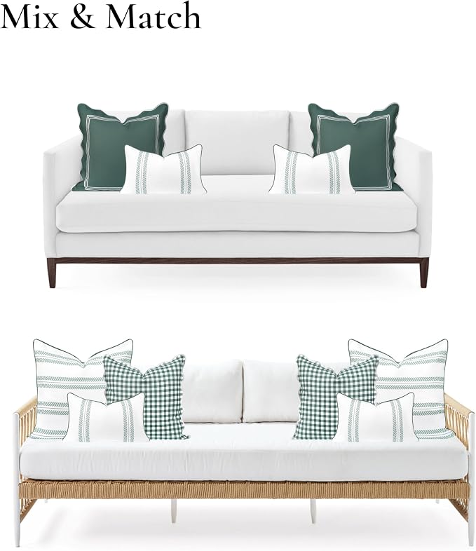 Hofdeco Premium Coastal Grandmillennial Patio Indoor Outdoor Lumbar Pillow Cover Only, 12"x20" Water Repellent for Backyard, Couch, Poolside, Celadon Green Print Leaf Striped