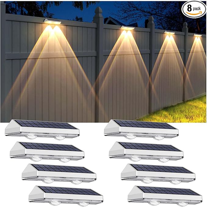 Solar Fence Lights Outdoor - 2700/4000/6000K 3 Modes, IP65 Waterproof Fence Solar Lights Outdoor, Fence Light Solar Powered for patio decor/Railing/Step and Wall - Unique Housewarming Gifts（8 Pack)