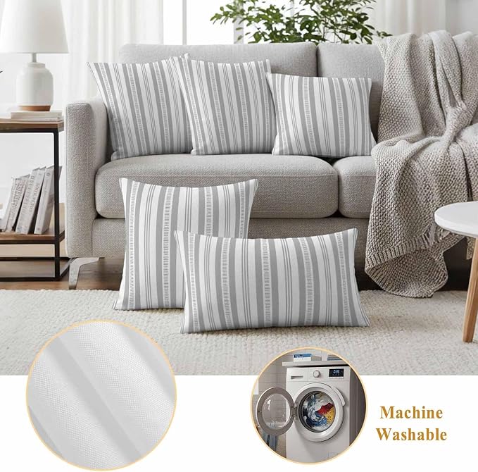 Gery Striped Outdoor Waterproof Pillow Covers, Farmhouse Stripes Modern Geometric Decorative Square Throw Pillowcase Sofa Cushion Sham for Patio/Couch/Chair, 26"x26" 2 Pack