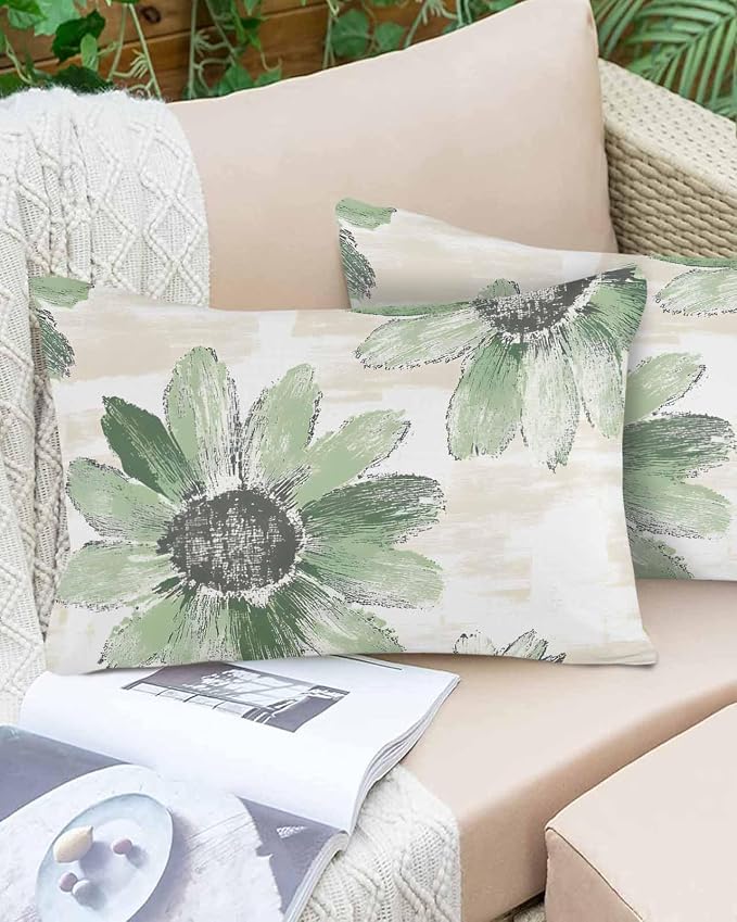 Vandarllin Outdoor Throw Pillows Covers 20x12 inch Set of 2 Waterproof Green Sunflower Decorative Zippered Cushion Covers for Patio Furniture, Floral Field Lumbar Pillowcases