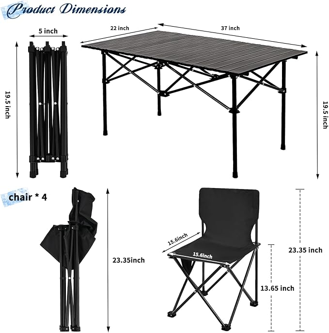 Camping Table Folding Portable Camp Table with 4 Chairs, Folding Picnic Table with Carry Bag Indoor Outdoor for Camping, Beach, Patio, RV, Backyard BBQ, Sturdy, Stable, Easy to Carry, Black