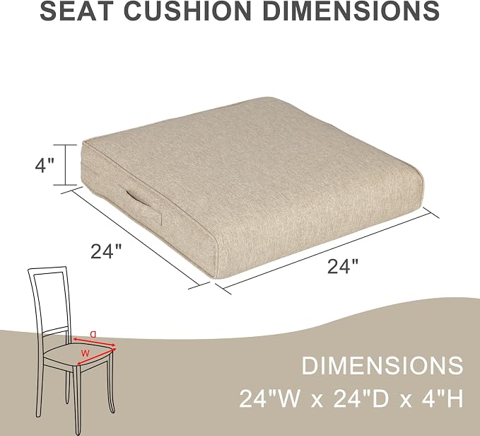 Aoodor Patio Chair Cushions Set of 2, 24 x 24 x 4 Inch Water Resistant Outdoor Seat Cushions with Handle and Ties, Square Corner Cushions for Patio Furniture Garden Lawn, Brown