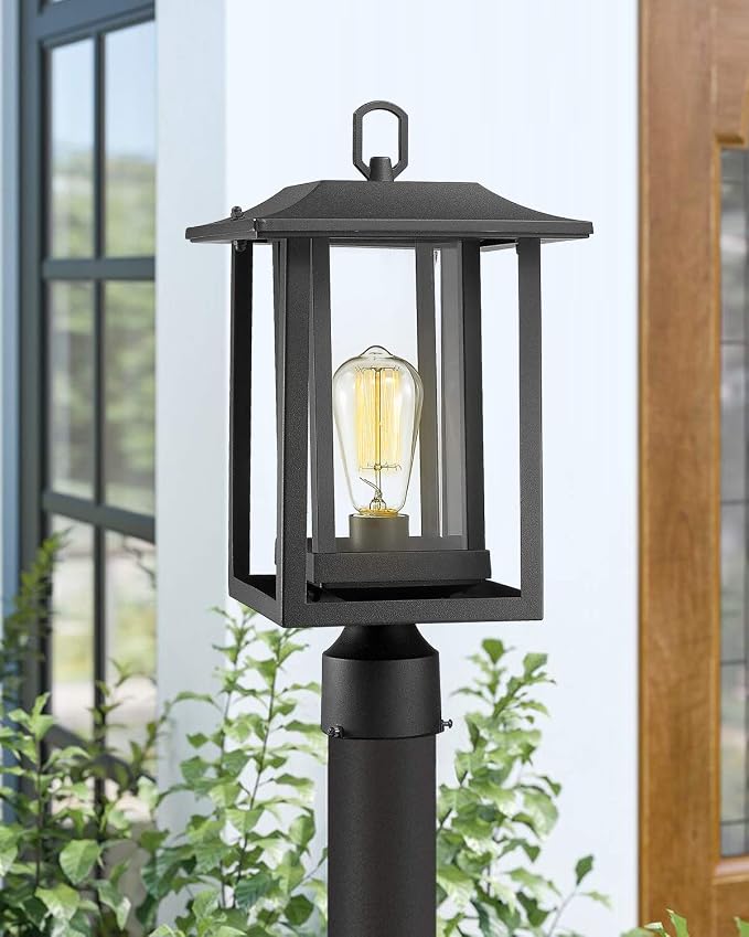 Beionxii Outdoor Post Lights, Large Exterior Lamp Post Light Fixture with Pier Mount Base, Black Cast Aluminum w/Clear Glass (19" x 9") - A197P-2PK (NOT Solar, 110-120V AC)