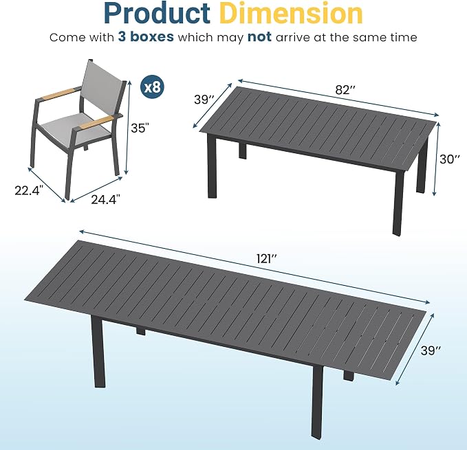 FansaFurn Patio Furniture Set with 121" Extendable Dining Table, Patio Table Set for 4–8 People, All-Weather Aluminum Outdoor Furniture, Outdoor Dining Set for Backyard, Porch, and Garde, Grey