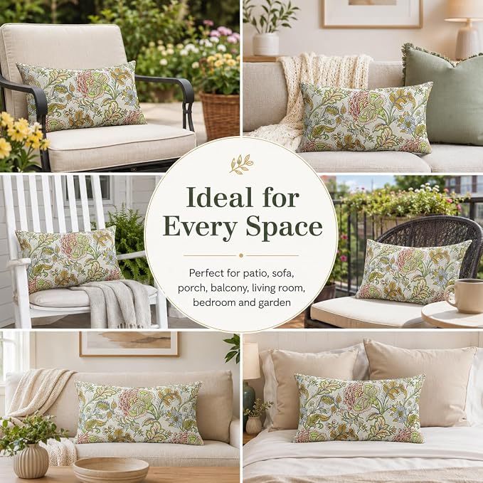 Outdoor Lumbar Pillows 12x20, 2 Pack with Inserts,Yellow Floral | 2-Pack 12x20 Outdoor Lumbar Pillows with Inserts, Water-Repellent Covers, Hidden Zippers, Plump Comfort for Patio & Sofa