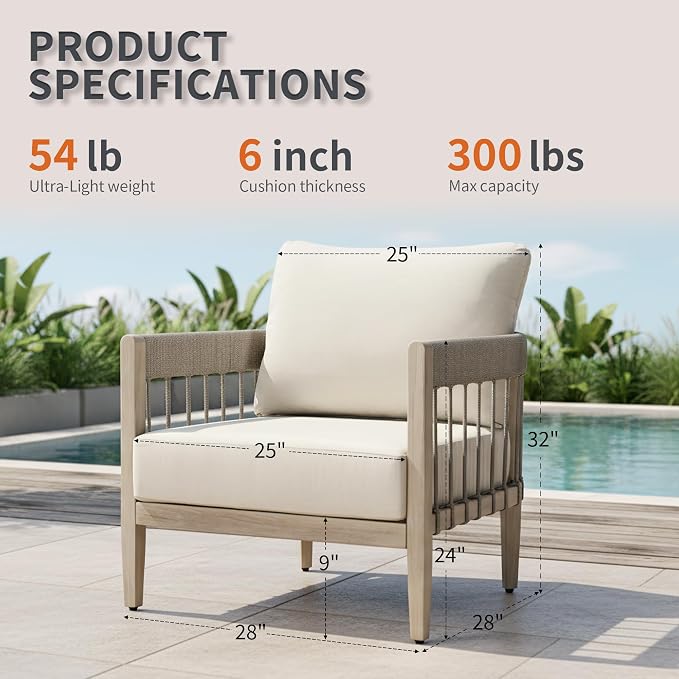 2-Piece Outdoor Sofa Set, Never-Rust Aluminum Patio Armchairs with Hand-Woven Rope & Thick Cushions, Faux Wood Grain Finish Balcony Outdoor Sofa Chairs for Garden, Deck, Porch