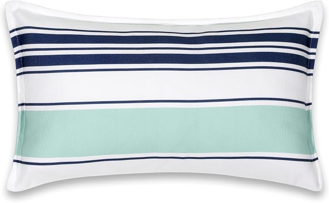 Hofdeco Premium Coastal Patio Indoor Outdoor Lumbar Pillow Cover Only, 12"x20" Water Repellent for Backyard, Couch, Navy Blue Aqua Stripes