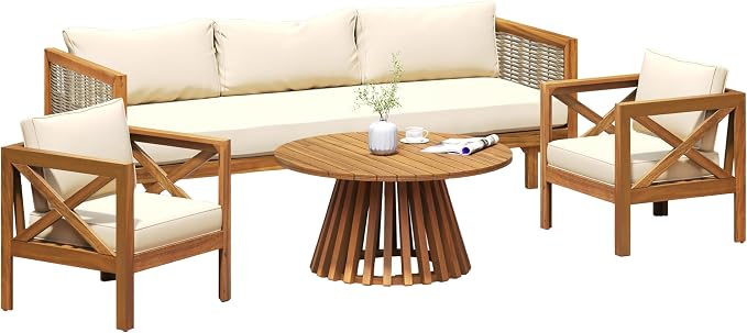 Merax Outdoor 4-Piece Acacia Wood Conversation Set - Patio 3-Seat Loveseat Sofa Daybed with Cushion, 2 Armchair and Round Coffee Table for Backyard, Lawn, Balcony, Beige + Teak