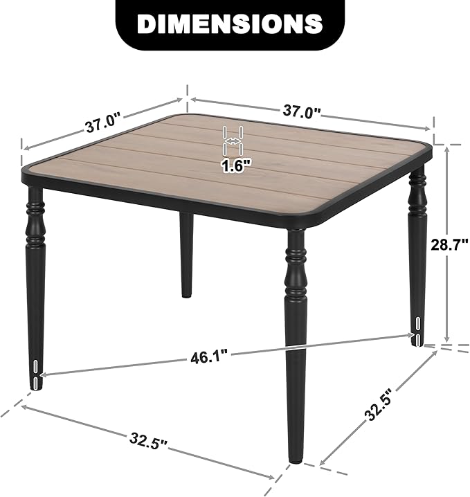 NUU GARDEN Outdoor 37” Square Metal Dining Table, Patio Dining Table with Umbrella Hole, Powder-Coated Metal Table with Faux Wood Tabletop, for Patio, Garden, Backyard and Balcony, Black