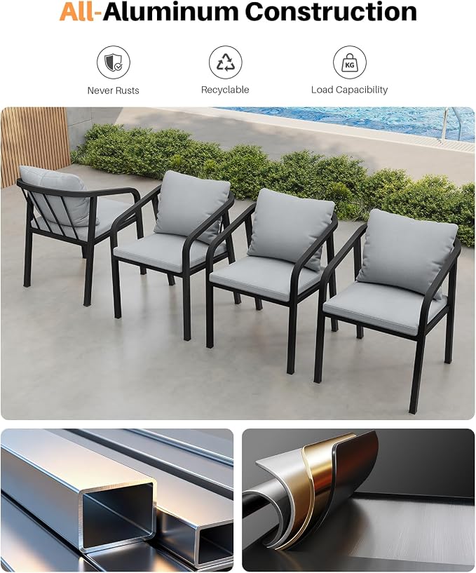 Outdoor Dining Chairs Set of 4, Never-Rust Aluminum Patio Dining Chairs with Removable Cushion, Ergonomic patio chairs with Wraparound Seating Design for Porch, Deck, Commercial, Garden, Black