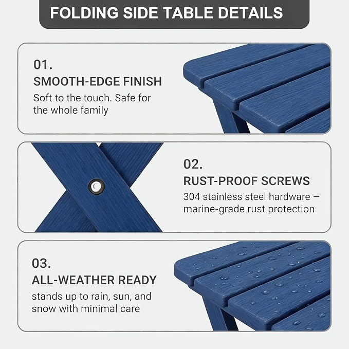 Folding Outdoor Side Table,Small HDPE Patio Table,All-Weather Compact Portable End Table for Patio,Porch,Pool,Blue,11.8" D x 15.7" W x 15.7" H