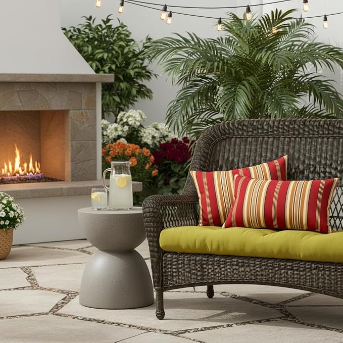 Set of 2 Outdoor Throw Pillows 19 x 12 Inch – Reversible Rectangle Patio Accent Pillows – Weather-Resistant Polyester Fabric – Eco-Friendly Recycled Polyfiber Fill – Roma Stripe