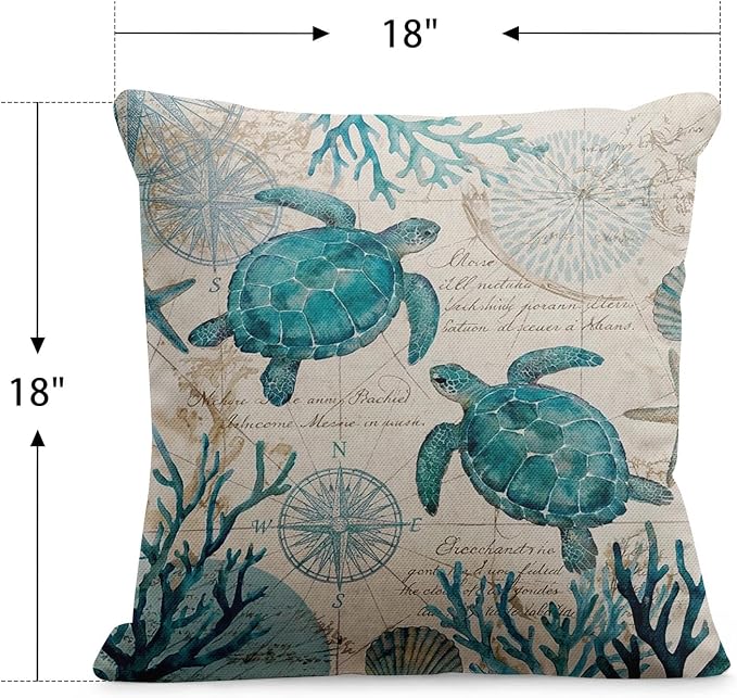 Outdoor Throw Pillow Covers, Turtle Coastal, Set of 2, 18 x 18 Inch | Nautical 18 x 18 Inch Beach Pillowcase Square Cushion Case Farmhouse Garden Decorative Pillows for Couch Patio