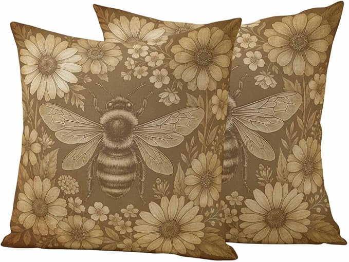 Outdoor Pillow Covers Waterproof, Brown Bee Decorative Square Throw Pillowcases Patio Cushion Covers for Tent/Garden, 16" x 16" 2 Pack, Farmhouse Vintage Animals Botanical Flowers