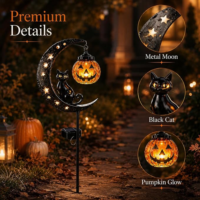 Solar Halloween Black Cat & Pumpkin Moon Garden Stake Light, Outdoor Waterproof LED Yard Decoration with Crescent Moon, Hanging Jack-o'-Lantern Lantern for Garden, Patio, Walkway, Porch(Style A)