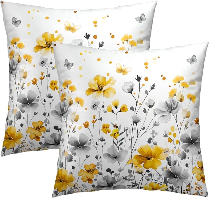 Watercolor Wildflowers Pillow Covers 16x16 Inch, Set of 2 Grey Yellow Spring Summer Blossom Floral Square Pillowcases Cotton Cushion Cover for Living Room Bed Sofa Home Decor