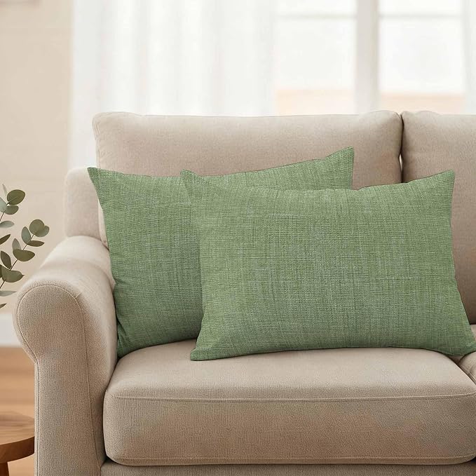 Outdoor Waterproof Throw Pillow Covers Set of 2 Sage Green Linen Lumbar Pillowcases 20x12 Inches Farmhouse Pure Color Decorative Pillows Cushion Case Patio Pillows for Couch Bed Chair Garden